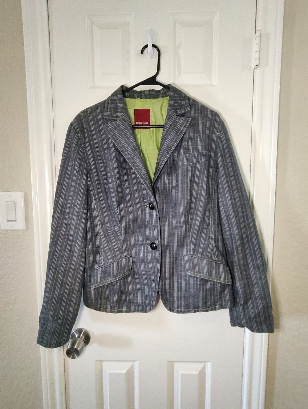 Bianca German Luxury Charcoal Pinstripe Blazer Neon Green Lining US 10